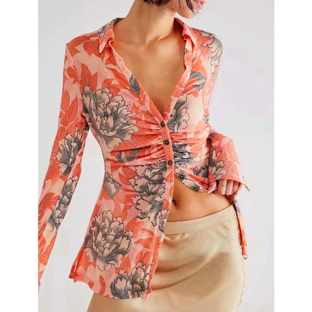 Free People Lucky Shirtee In Beach Bloom‎ Size Large Sheer Lightweight Coverup